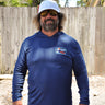 Front view of Rectangle Palm Hooded UV Sun Shirt Navy from Blueline Surf & Paddle Co. featuring lightweight UPF performance fabric designed for fishing, boating, and the Jupiter Florida coastal lifestyle.