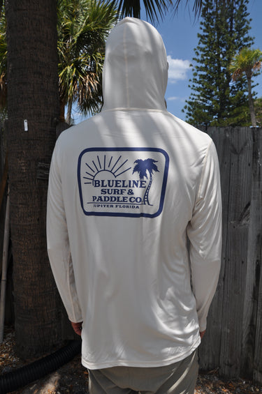 Back view of Rectangle Palm Hooded UV Sun Shirt Sandbar from Blueline Surf & Paddle Co. featuring palm-inspired coastal artwork and lightweight sun protection performance fabric.