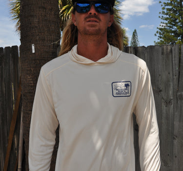Front view of Rectangle Palm Hooded UV Sun Shirt Sandbar from Blueline Surf & Paddle Co. featuring lightweight UPF performance fabric designed for fishing, boating, and the Jupiter Florida coastal lifestyle.