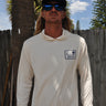 Front view of Rectangle Palm Hooded UV Sun Shirt Sandbar from Blueline Surf & Paddle Co. featuring lightweight UPF performance fabric designed for fishing, boating, and the Jupiter Florida coastal lifestyle.