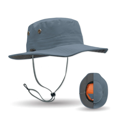 A Shelta slate blue wide-brim sun hat with an adjustable chin strap, shown on a white background with a small inset detail of the inner lining.