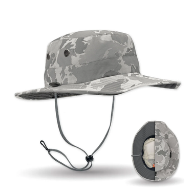 Side view of the Shelta Seahawk V2 Performance Sun Hat in Atlas Camo with a structured brim, screened ventilation eyelets, and removable chin cord.