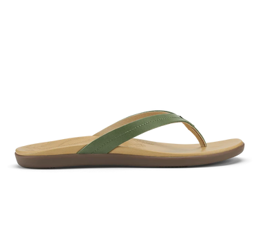 Side profile of OluKai Honu Green Olive Golden Sand women's leather sandals showcasing premium leather construction and anatomical comfort.