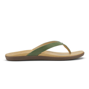 Side profile of OluKai Honu Green Olive Golden Sand women's leather sandals showcasing premium leather construction and anatomical comfort.