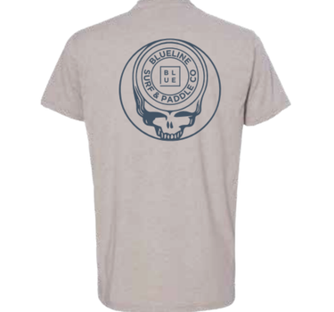 Silk colored Skully Circle t-shirt from Blueline Surf & Paddle Co. featuring navy custom skull artwork inspired by surf, fishing, and the Jupiter Florida coastal lifestyle.