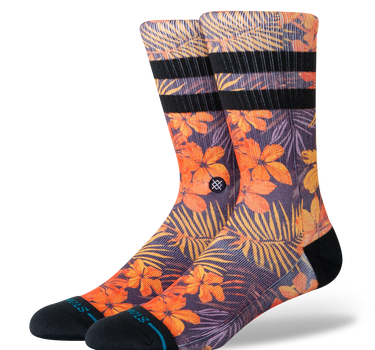 Stance Poipu crew socks with orange tropical floral print and black stripes