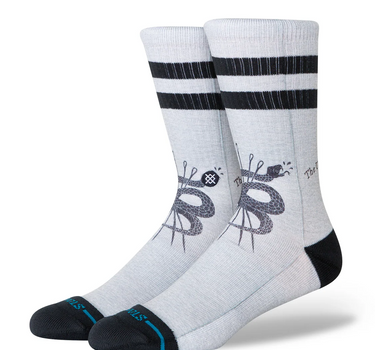 Stance Threads crew socks in light grey with black stripes and graphic design