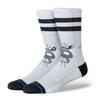 Stance Threads crew socks in light grey with black stripes and graphic design