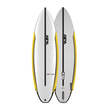 Surftech Aipa Dark Twinn Dual-Core shortboard surfboard showing top and bottom view with yellow rails