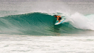 Surfer riding Surftech Renaissance longboard on a clean Florida wave