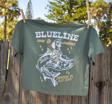 Tarpon Rodeo crop t-shirt in sage with fishing back graphic