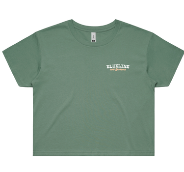 Front view of Tarpon Rodeo crop t-shirt with Blueline chest logo