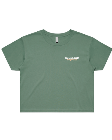 Front view of Tarpon Rodeo crop t-shirt with Blueline chest logo