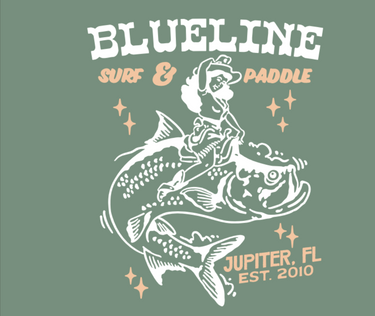 Illustrated tarpon fishing rodeo graphic on Blueline t-shirt
