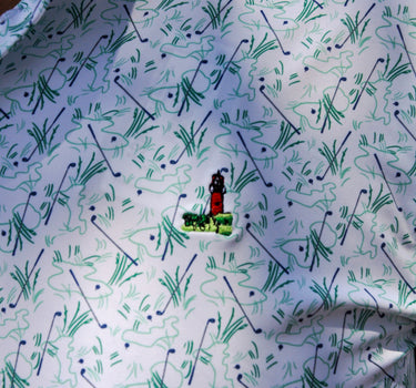 Close-up detail of custom lighthouse embroidery on the Vineyard Vines x Blueline Performance Lighthouse Polo.