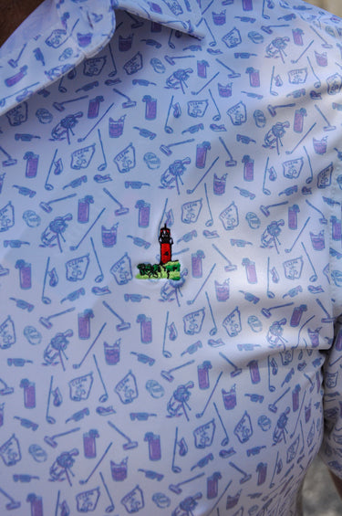 Close-up pattern detail of Vineyard Vines x Blueline Performance Lighthouse Polo featuring lightweight breathable coastal performance fabric.