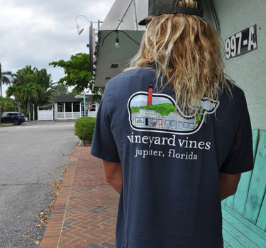 Matt wearing a large Vineyard Vines x Blueline Lighthouse graphic T-shirt in Jupiter, Florida. Matt is 6'3"
