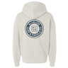 Light-colored Blueline pullover hoodie with OG Circle Surf & Paddle Co. logo on the back