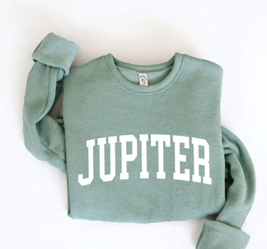Women's Jupiter Florida Crewneck Sweatshirt in Dark Heather Sage with a Jupiter graphic on the front