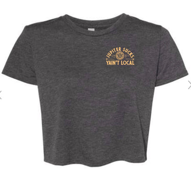 Women’s Jupiter Sucks crop tee dark heather grey with small chest logo by Blueline Surf and Paddle in Jupiter Florida