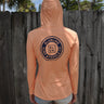 Back view of Women’s OG Logo Hooded UV Sun Shirt Coral from Blueline Surf & Paddle Co. featuring lightweight UPF performance fabric designed for beach days, boating, fishing, and the Jupiter Florida coastal lifestyle.