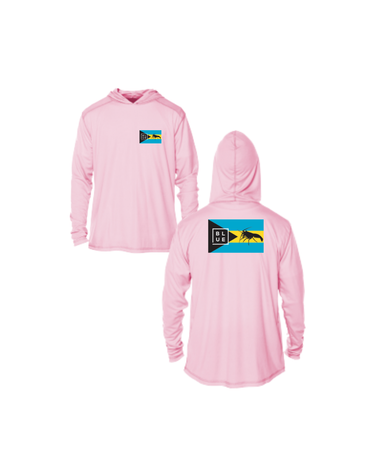 Pink Youth Bahamas Lobster Hooded UV Sun Shirt from Blueline Surf & Paddle Co. featuring breathable sun protection performance fabric and Bahamas-inspired coastal artwork.