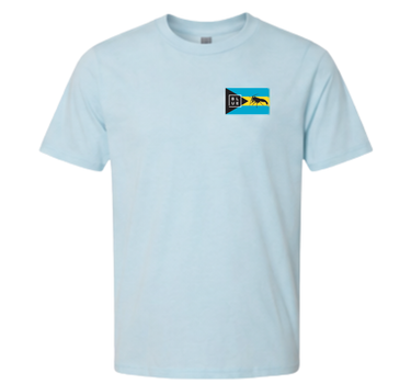 Light blue t-shirt with a small Bahamas flag design on a white background