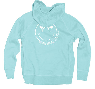 Youth Blueline surf blue hoodie with smiley palm tree back graphic