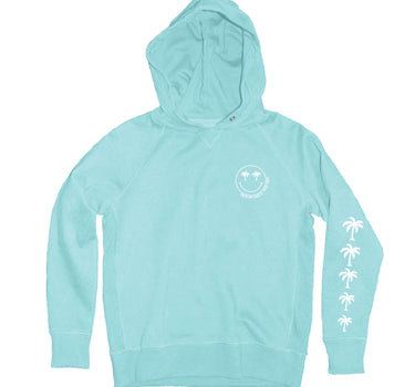 Front view of youth Blueline Blue 84 hoodie in surf blue with sleeve palm print
