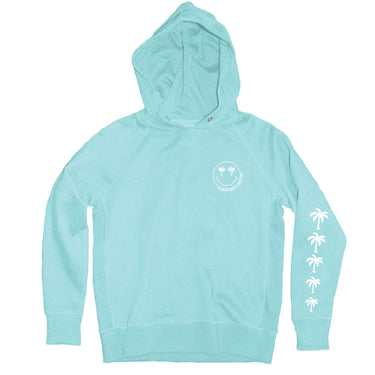 Front view of youth Blueline Blue 84 hoodie in surf blue with sleeve palm print