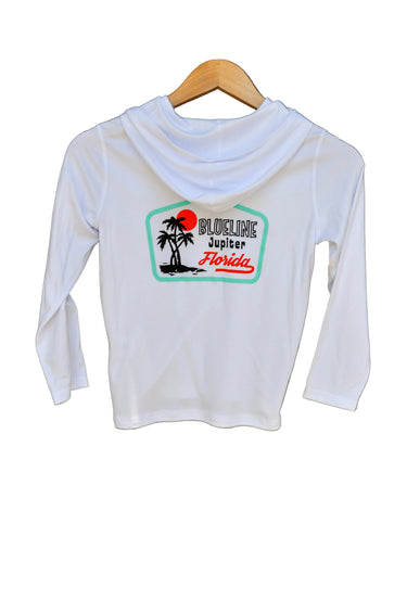 Back view of Kids white UV hood shirt for fishing boating beach and paddleboarding in Florida