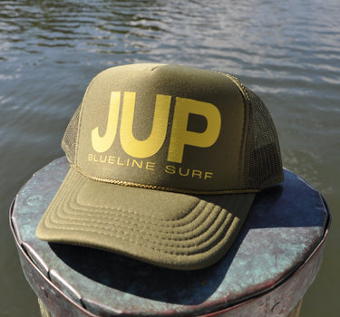 Youth JUP trucker hat in solid olive with gold JUP logo by Blueline Surf & Paddle in Jupiter Florida coastal lifestyle kids hat