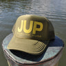 Youth JUP trucker hat in solid olive with gold JUP logo by Blueline Surf & Paddle in Jupiter Florida coastal lifestyle kids hat
